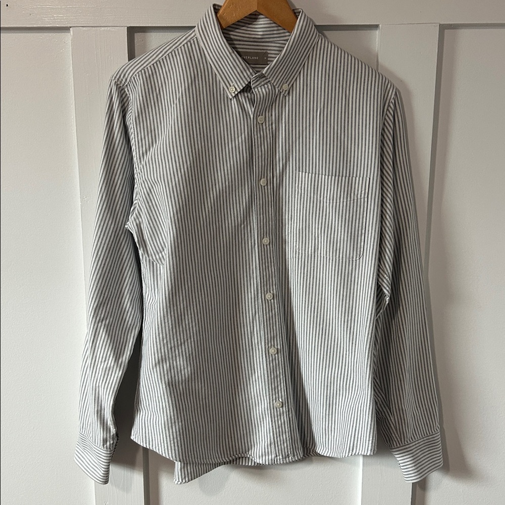 Everlane Uniform Gray White Striped Button Down Slim Fit Oxford Shirt Medium - Picture 8 of 9
